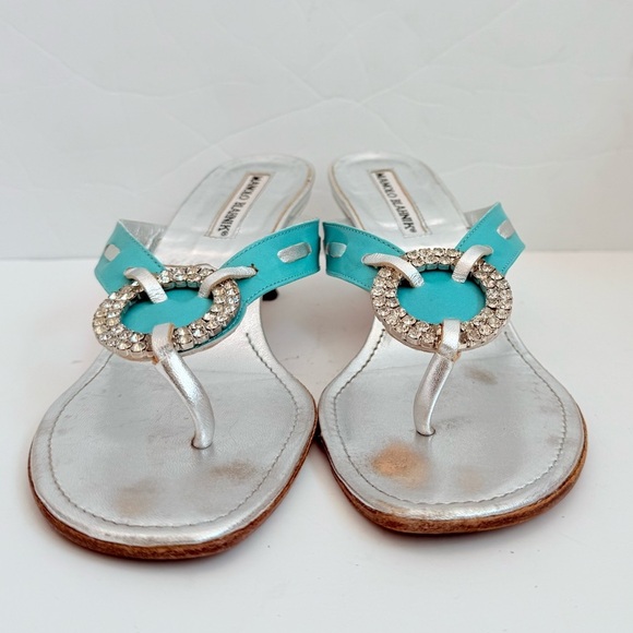 Manolo Blahnik Silver Turquoise Leather Vintage crystal thong sandals EU37 US 7 - Picture 3 of 10